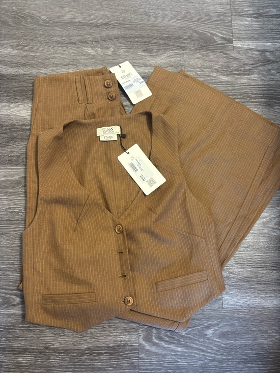 ETHOS Pants - Sloane & Co. Brown Pinstripe Vest and Wide-Leg Pants